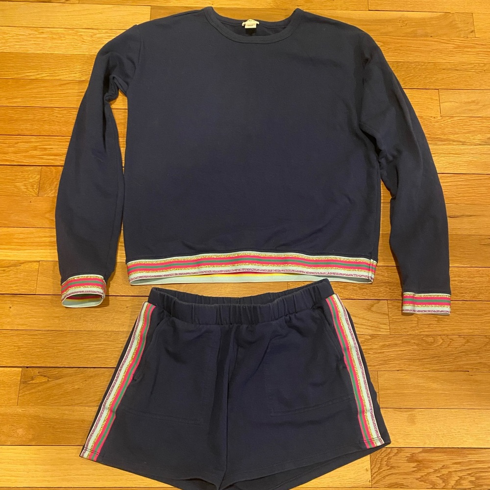 J Crew Crewcuts Navy Sweatshirt and Shorts Set with Multi-color Trim